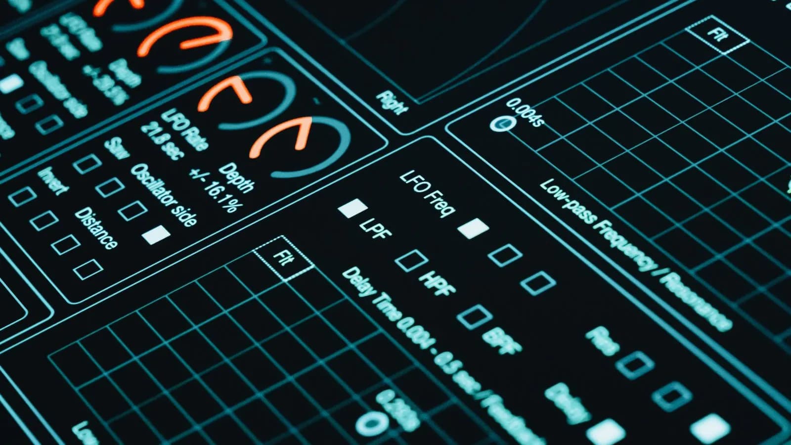 Dark teal digital interface with dials, grids, and readouts visualising real-time buyer signals flowing into a revenue system