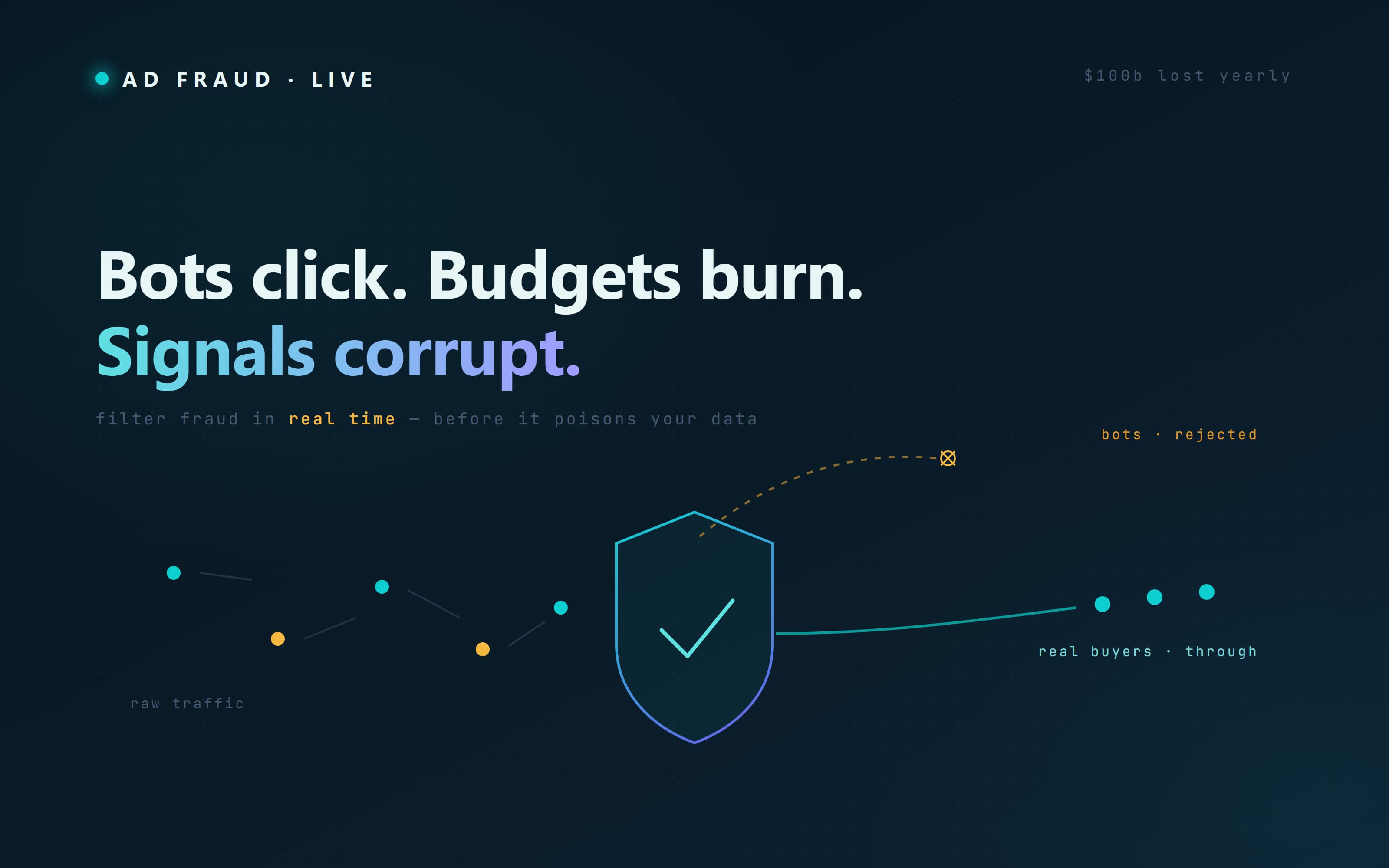 Anonymous hooded figure wearing a glowing neon mask in the dark, representing ad fraud and invalid bot traffic