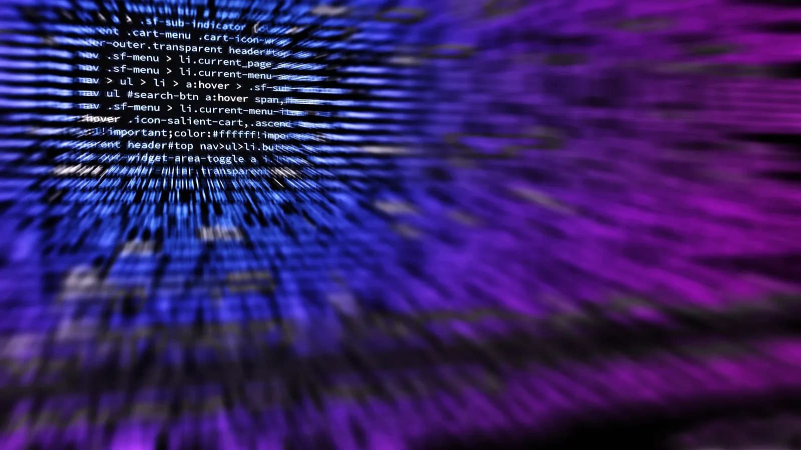 Blurred wall of glowing code on a dark screen, representing invisible buyer activity in the Dark Funnel